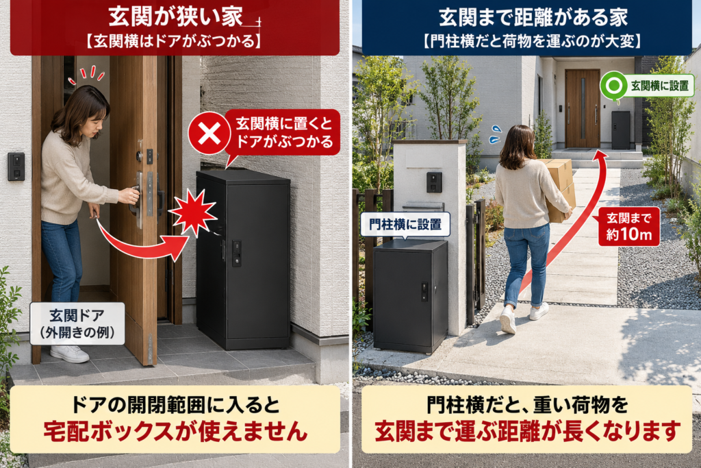図Aは玄関横に置いた宅配ボックスが外開きの玄関ドアにぶつかる例、図Bは門柱横から遠い玄関まで荷物を運ぶ例