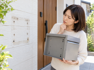 古い壁付けポストの取り付け跡と、新しいポストの穴位置が合わず困っている場面