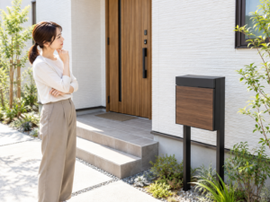 外壁に穴を開けたくないため、戸建て玄関前のスタンド型郵便ポストを検討している場面